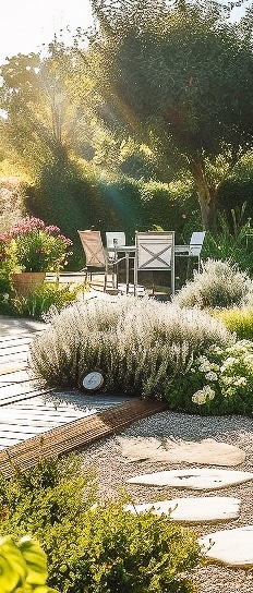 Jardin patio : Ambiance d'été et salle à manger extérieure. Ambiance sereine du jardin au soleil couchant. Salle à manger extérieure entourée d'arbustes argentés, de dalles et de chemins en bois.