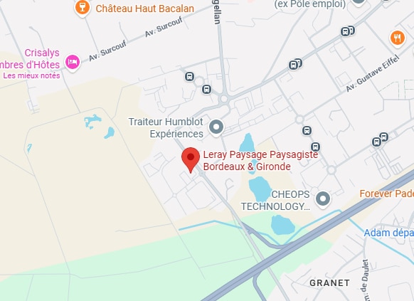 Leray Paysage Paysagiste Bordeaux : la carte d'accès. Carte de la zone de Bordeaux-Gironde avec Leray Paysage Paysagiste (pin rouge), Traiteur Humblot, Château Haut Bacalan et Av. Gustave Eiffel.
